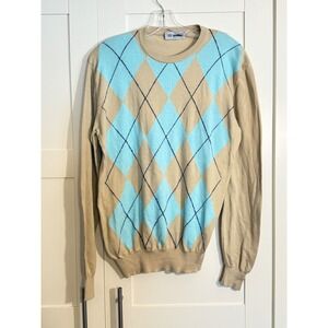 GIOVANNINI Men's Argyle Sweater Beige Blue Long‎ Sleeve Made in Italy Cotton